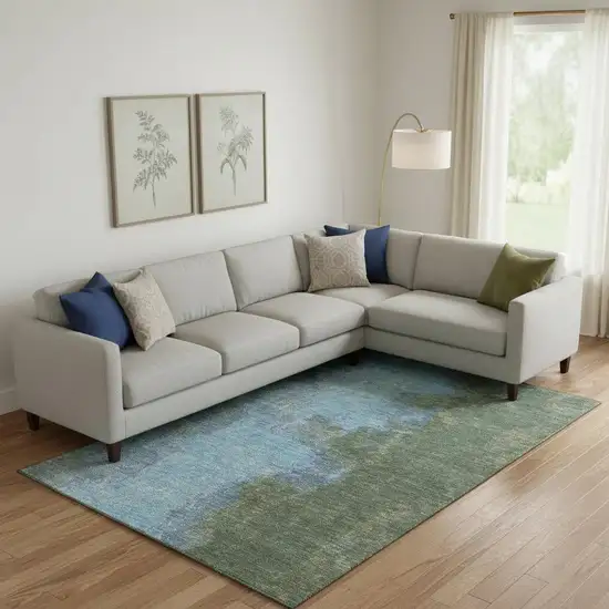 Green And Blue Abstract Washable Area Rug With UV Protection Photo 2