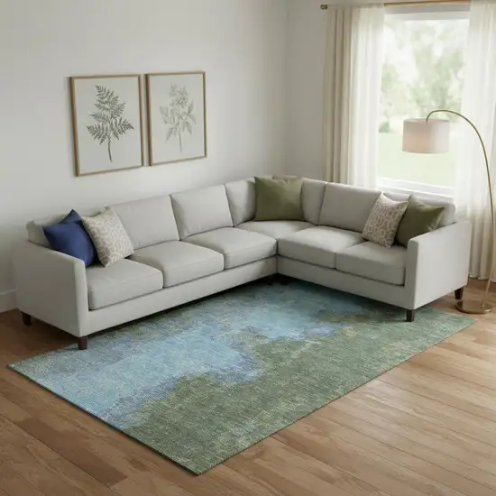 Green And Blue Abstract Washable Area Rug With UV Protection Photo 2
