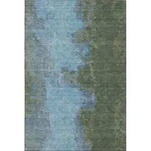 Photo of Green And Blue Abstract Washable Area Rug With UV Protection