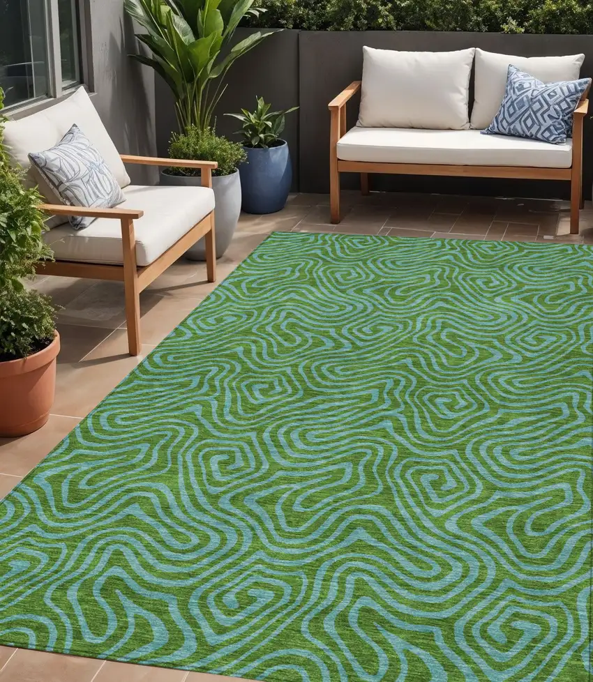 Green And Blue Abstract Washable Indoor Outdoor Area Rug Photo 1