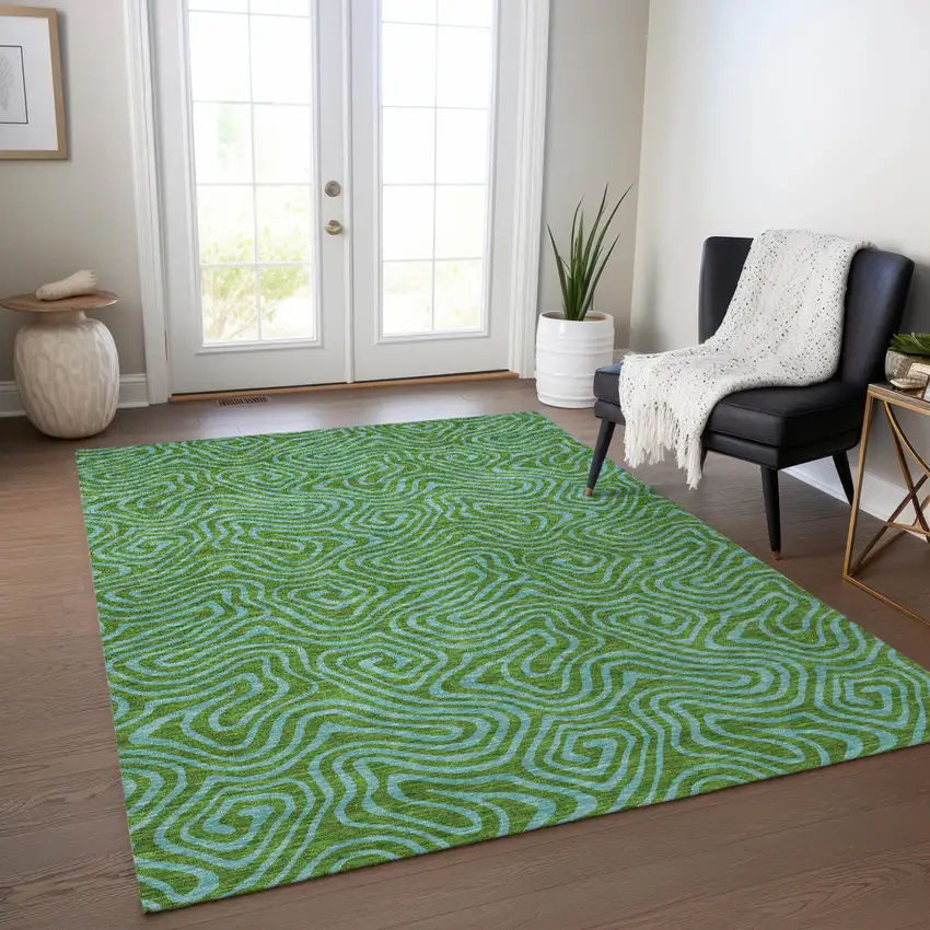 Green And Blue Abstract Washable Indoor Outdoor Area Rug Photo 9