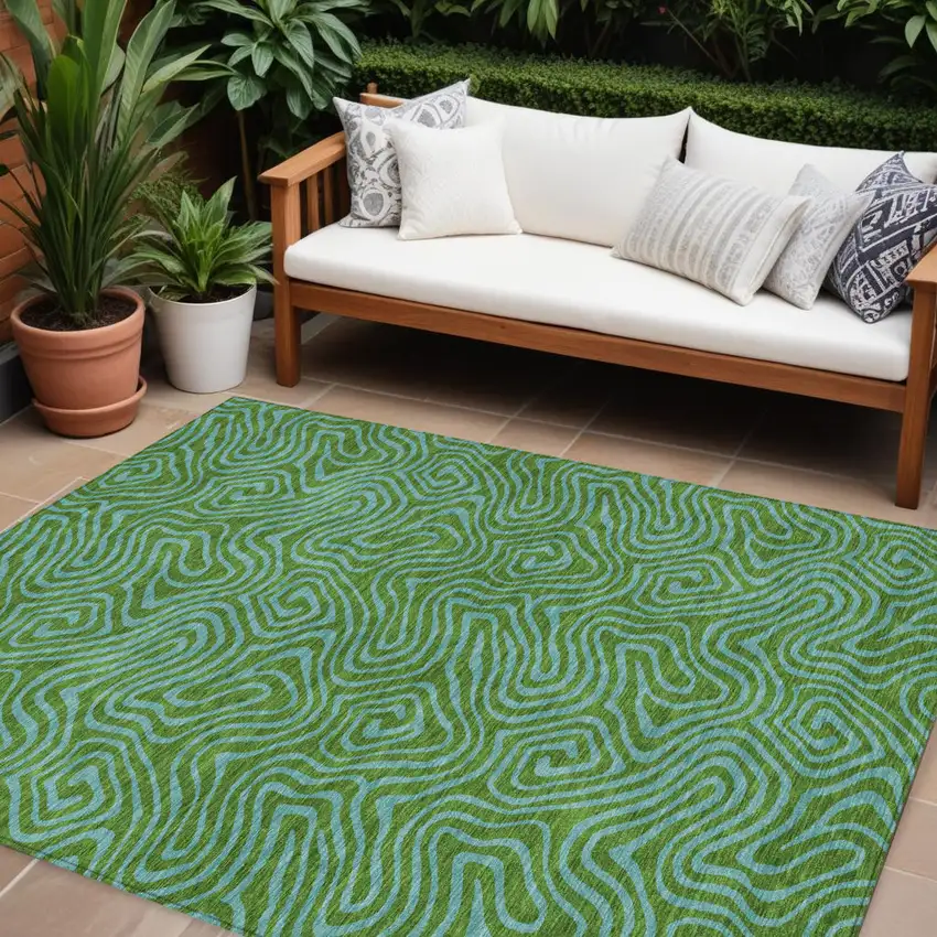 Green And Blue Abstract Washable Indoor Outdoor Area Rug Photo 1