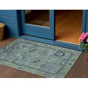 Photo of Green And Blue Floral Medallion Washable Indoor Outdoor Area Rug