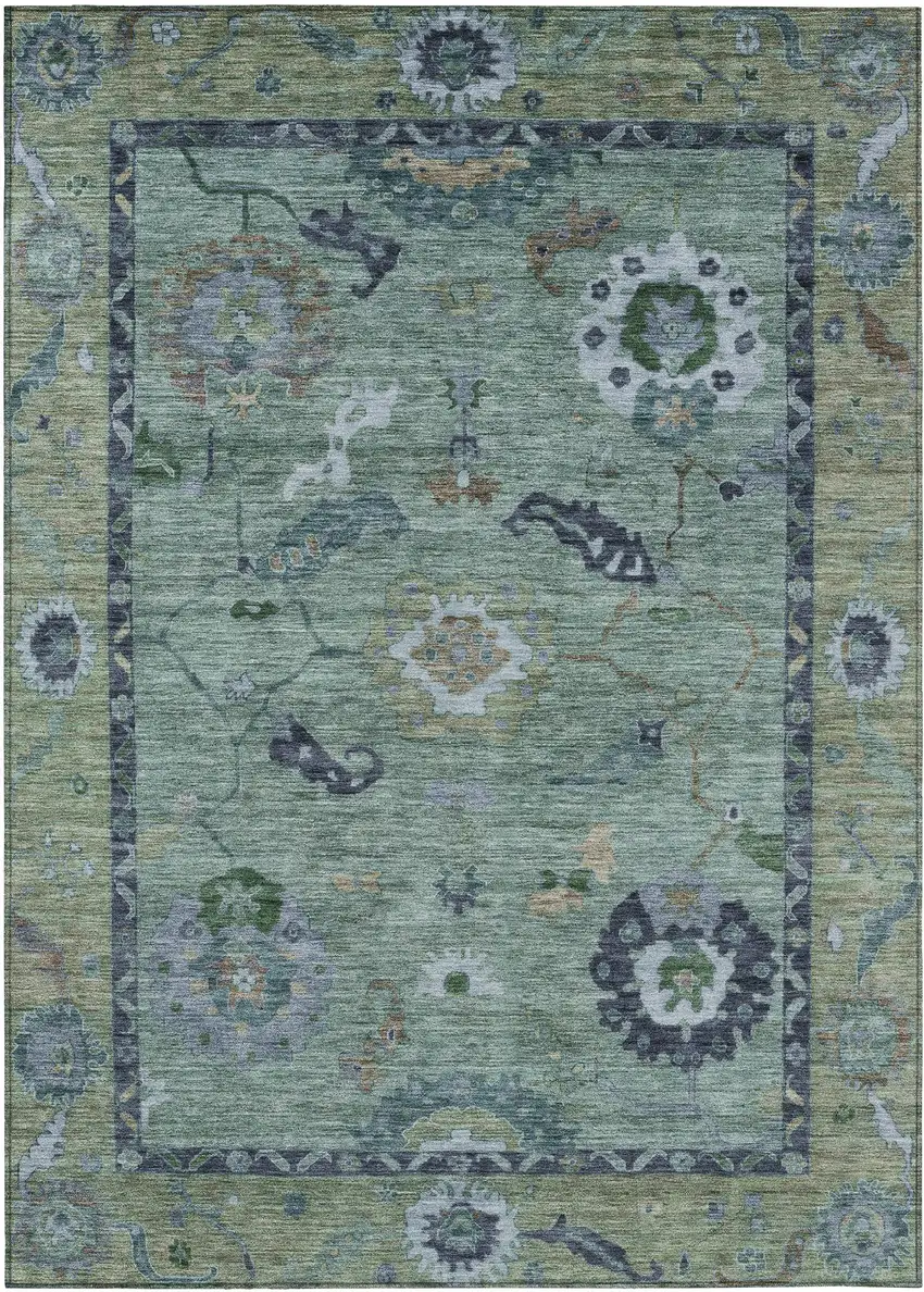Green And Blue Floral Medallion Washable Indoor Outdoor Area Rug Photo 2