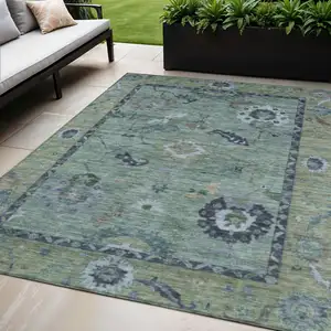 Photo of Green And Blue Floral Medallion Washable Indoor Outdoor Area Rug
