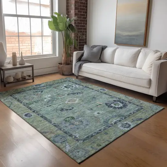 Green And Blue Floral Medallion Washable Indoor Outdoor Area Rug Photo 9