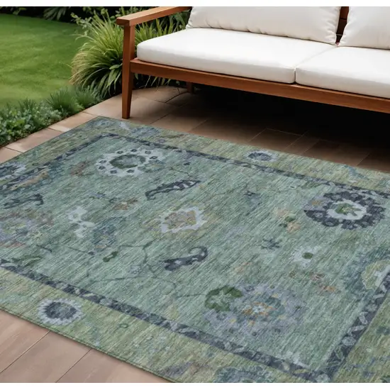 Green And Blue Floral Medallion Washable Indoor Outdoor Area Rug Photo 1
