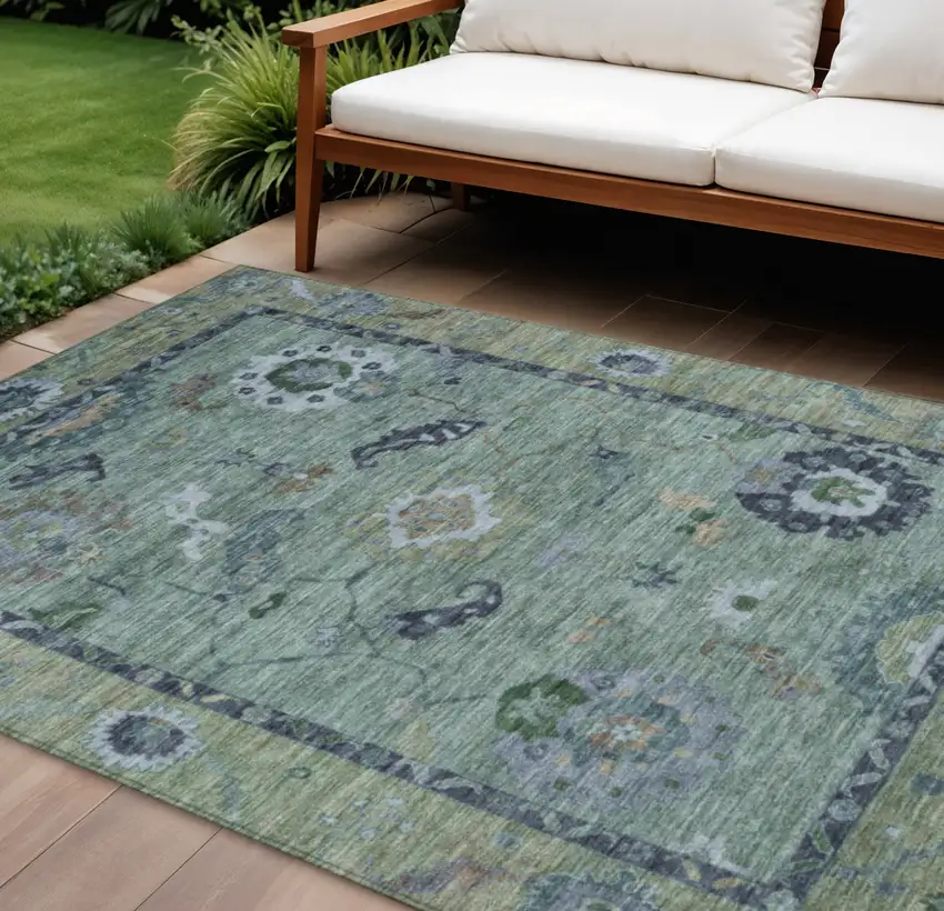 Green And Blue Floral Medallion Washable Indoor Outdoor Area Rug Photo 1