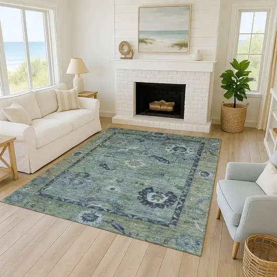 Green And Blue Floral Medallion Washable Indoor Outdoor Area Rug Photo 8