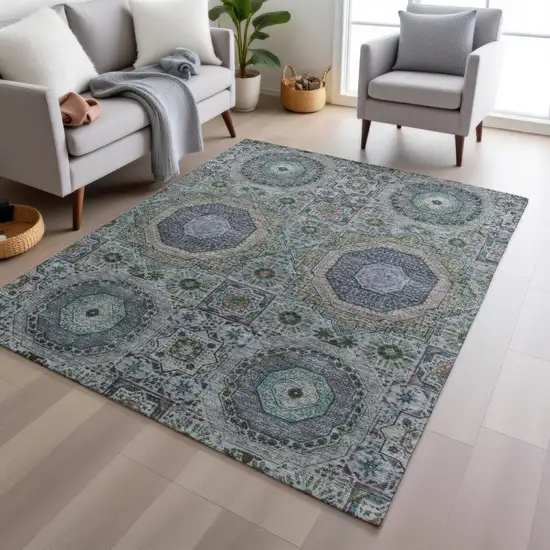 Green And Blue Medallion Washable Indoor Outdoor Area Rug Photo 6