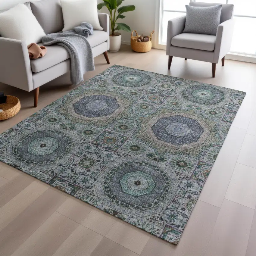 Green And Blue Medallion Washable Indoor Outdoor Area Rug Photo 6