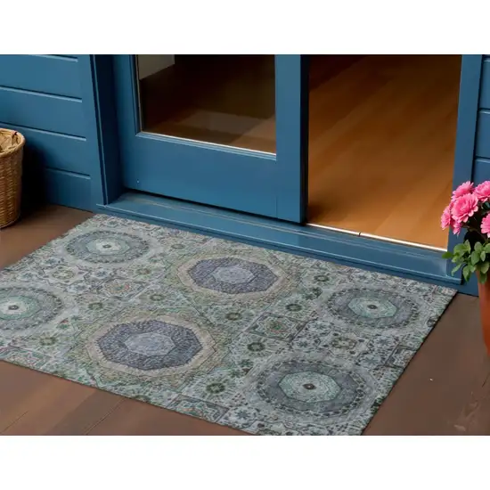 Green And Blue Medallion Washable Indoor Outdoor Area Rug Photo 2