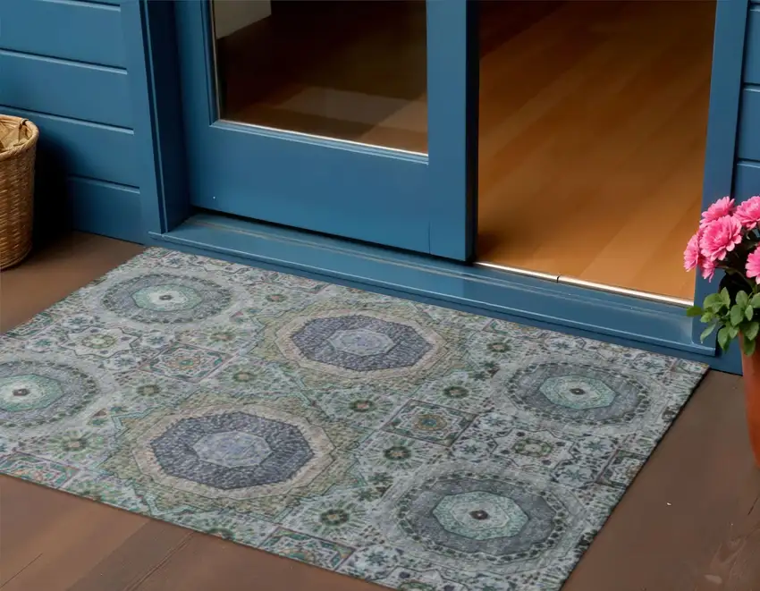 Green And Blue Medallion Washable Indoor Outdoor Area Rug Photo 2