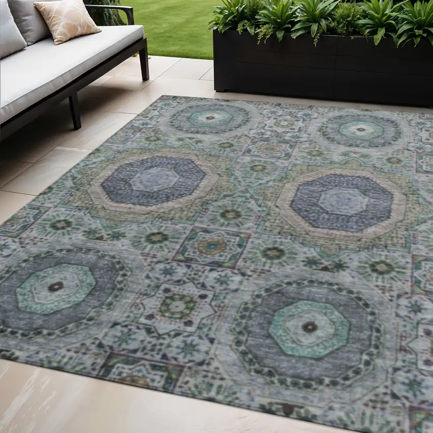 Green And Blue Medallion Washable Indoor Outdoor Area Rug Photo 2