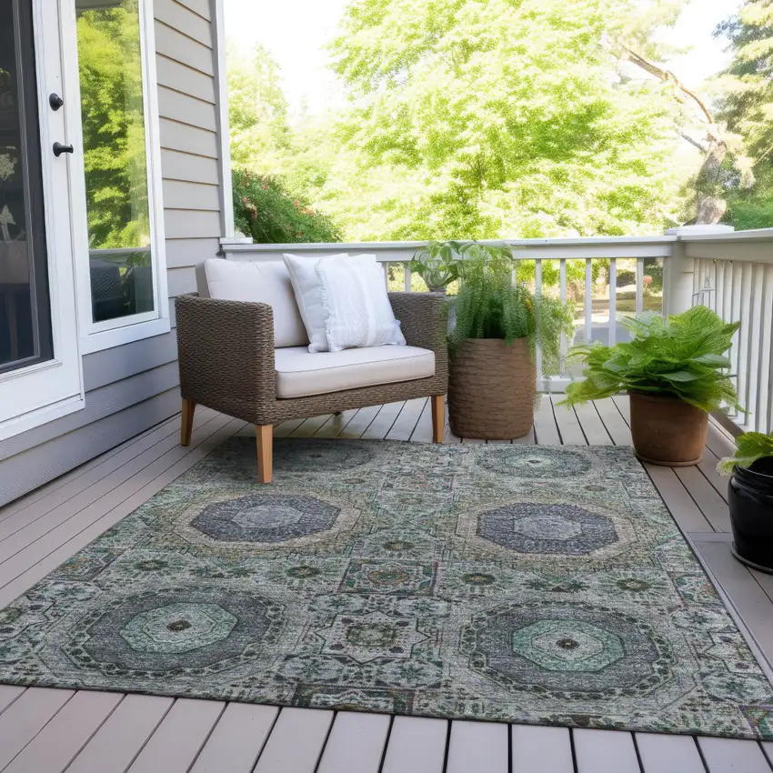 Green And Blue Medallion Washable Indoor Outdoor Area Rug Photo 8