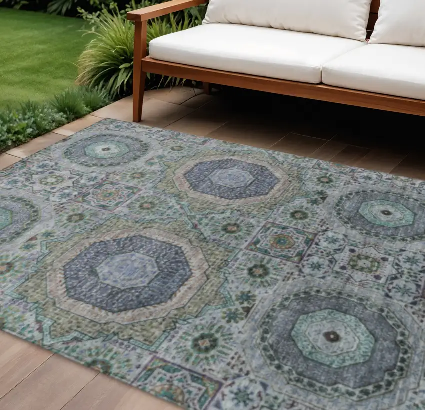 Green And Blue Medallion Washable Indoor Outdoor Area Rug Photo 2