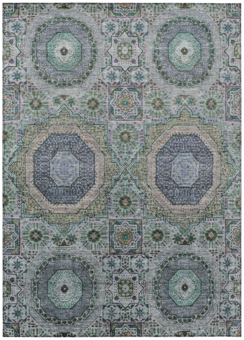 Green And Blue Medallion Washable Indoor Outdoor Area Rug Photo 1