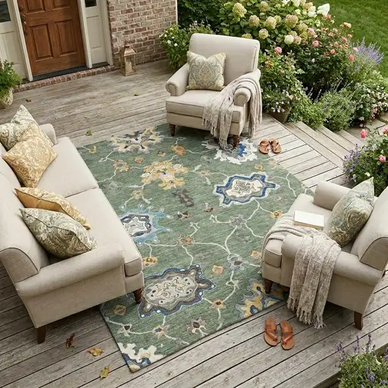 Green And Blue Oriental Washable Indoor Outdoor Area Rug Photo 1