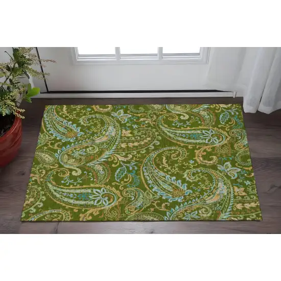 Green And Blue Paisley Washable Area Rug With UV Protection Photo 2