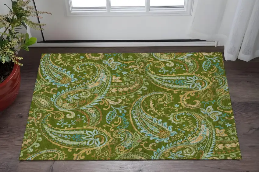 Green And Blue Paisley Washable Area Rug With UV Protection Photo 2