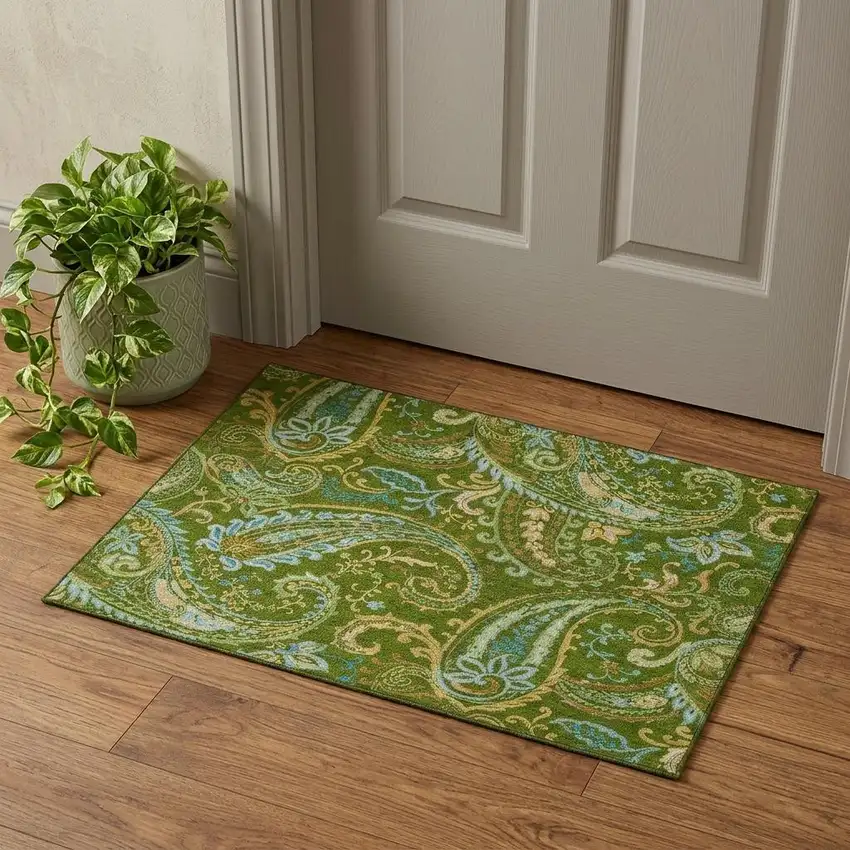 Green And Blue Paisley Washable Area Rug With UV Protection Photo 1