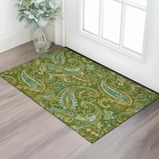 Green And Blue Paisley Washable Area Rug With UV Protection Photo 2