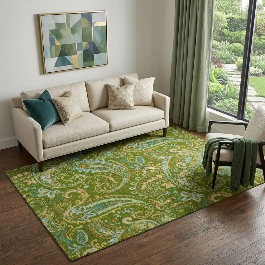 Green And Blue Paisley Washable Area Rug With UV Protection Photo 1