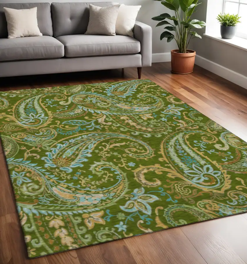Green And Blue Paisley Washable Area Rug With UV Protection Photo 2