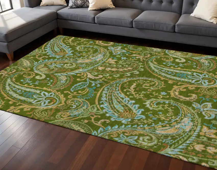 Green And Blue Paisley Washable Area Rug With UV Protection Photo 2