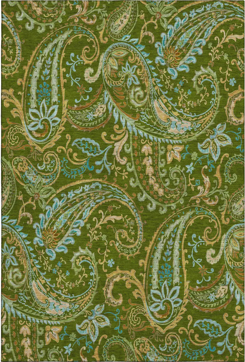 Green And Blue Paisley Washable Area Rug With UV Protection Photo 1