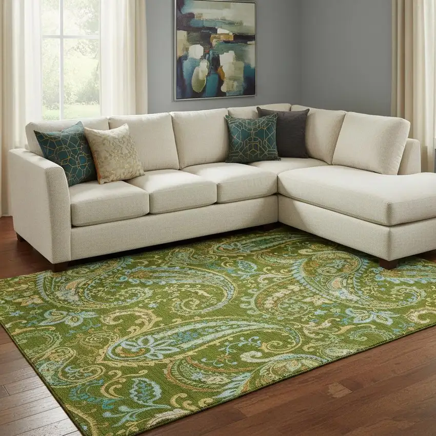 Green And Blue Paisley Washable Area Rug With UV Protection Photo 1