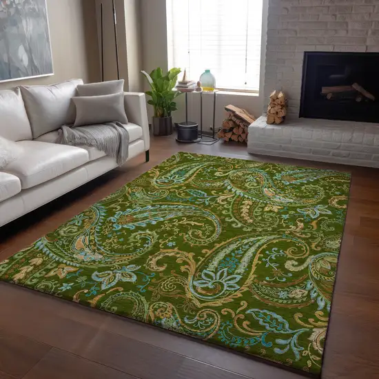 Green And Blue Paisley Washable Area Rug With UV Protection Photo 6