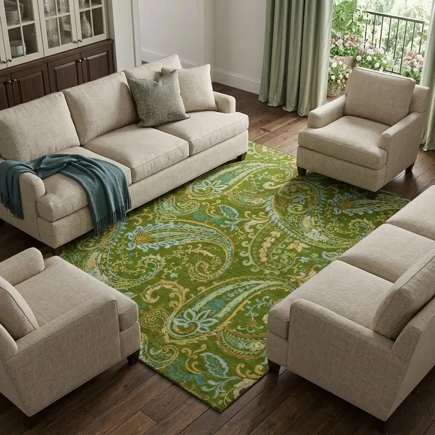 Green And Blue Paisley Washable Area Rug With UV Protection Photo 1