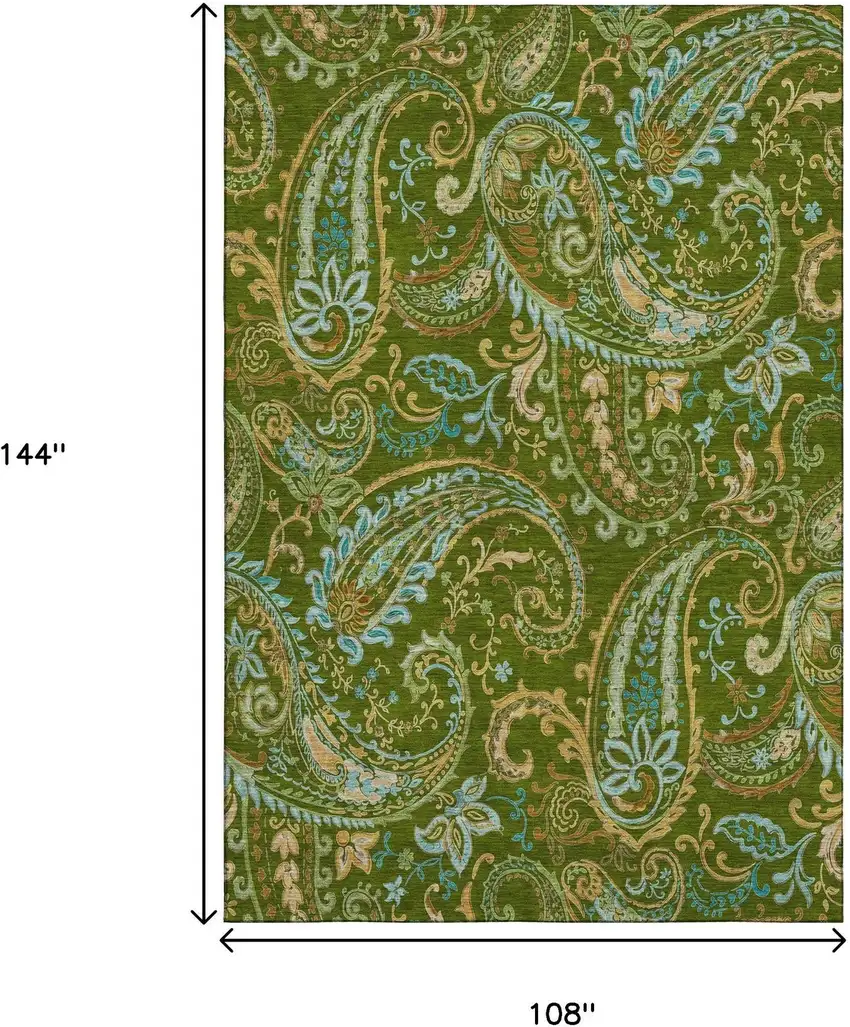 Green And Blue Paisley Washable Area Rug With UV Protection Photo 3