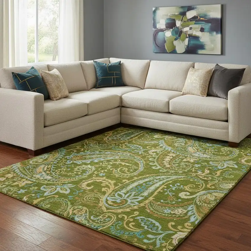 Green And Blue Paisley Washable Area Rug With UV Protection Photo 1
