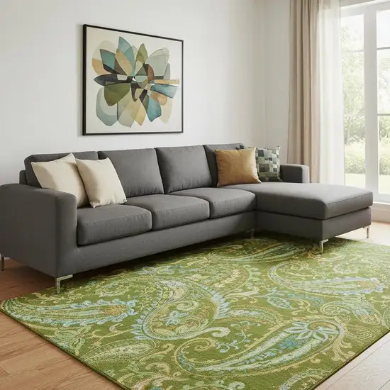 Green And Blue Paisley Washable Area Rug With UV Protection Photo 1