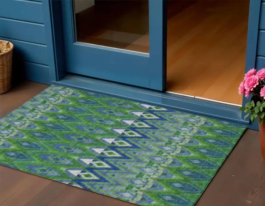 Green And Blue Southwestern Washable Indoor Outdoor Area Rug Photo 1