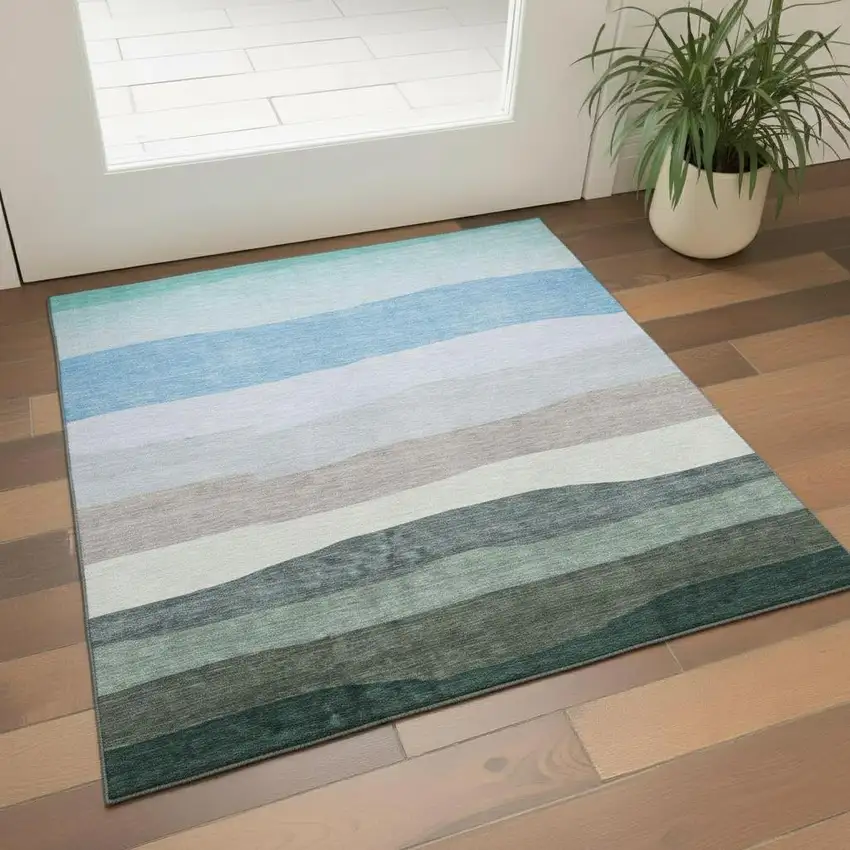 Green And Blue Striped Washable Area Rug With UV Protection Photo 2