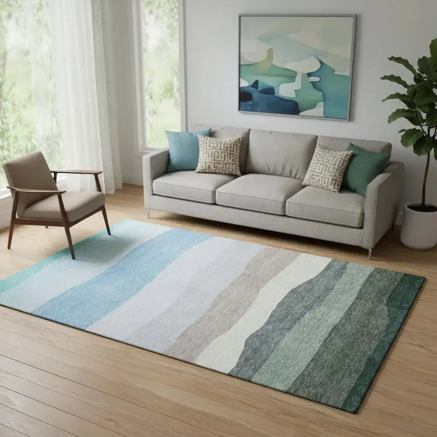 Green And Blue Striped Washable Area Rug With UV Protection Photo 2