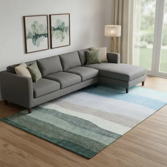 Green And Blue Striped Washable Area Rug With UV Protection Photo 2