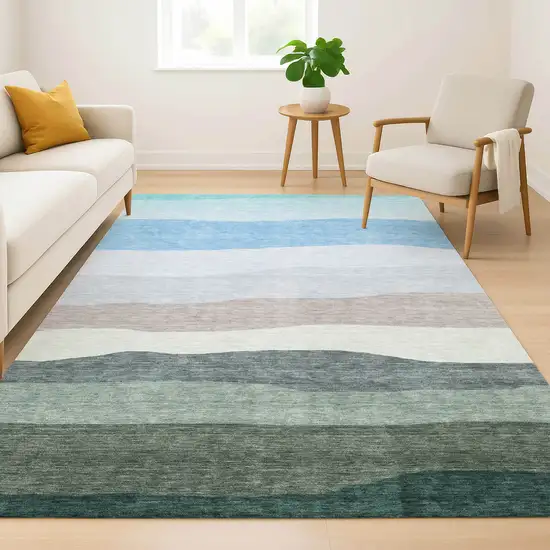 Green And Blue Striped Washable Area Rug With UV Protection Photo 6