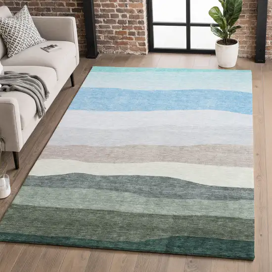 Green And Blue Striped Washable Area Rug With UV Protection Photo 5