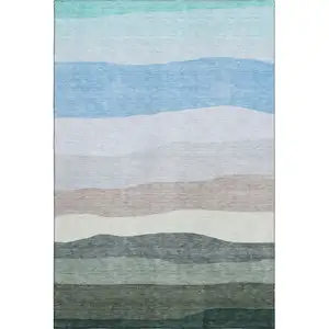 Photo of Green And Blue Striped Washable Area Rug With UV Protection