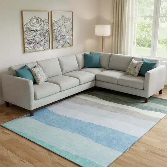 Green And Blue Striped Washable Area Rug With UV Protection Photo 2