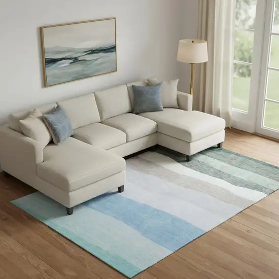 Green And Blue Striped Washable Area Rug With UV Protection Photo 2