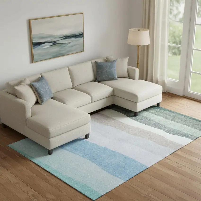 Green And Blue Striped Washable Area Rug With UV Protection Photo 2