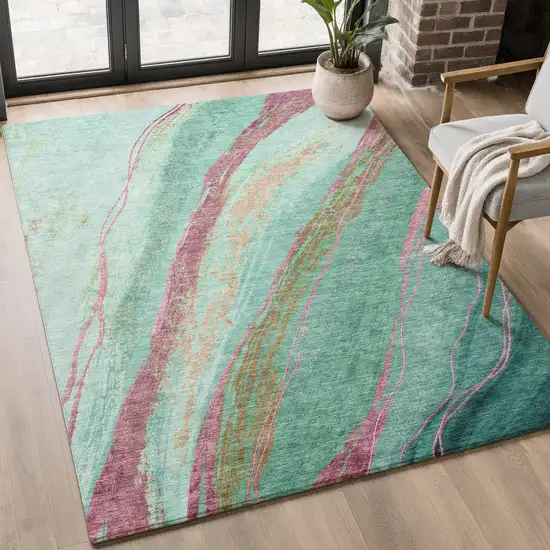 Green And Blush Abstract Washable Area Rug With UV Protection Photo 5