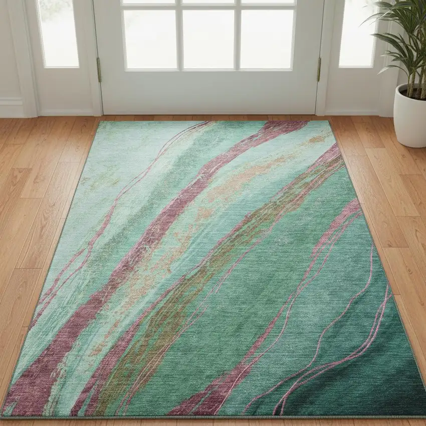 Green And Blush Abstract Washable Area Rug With UV Protection Photo 2