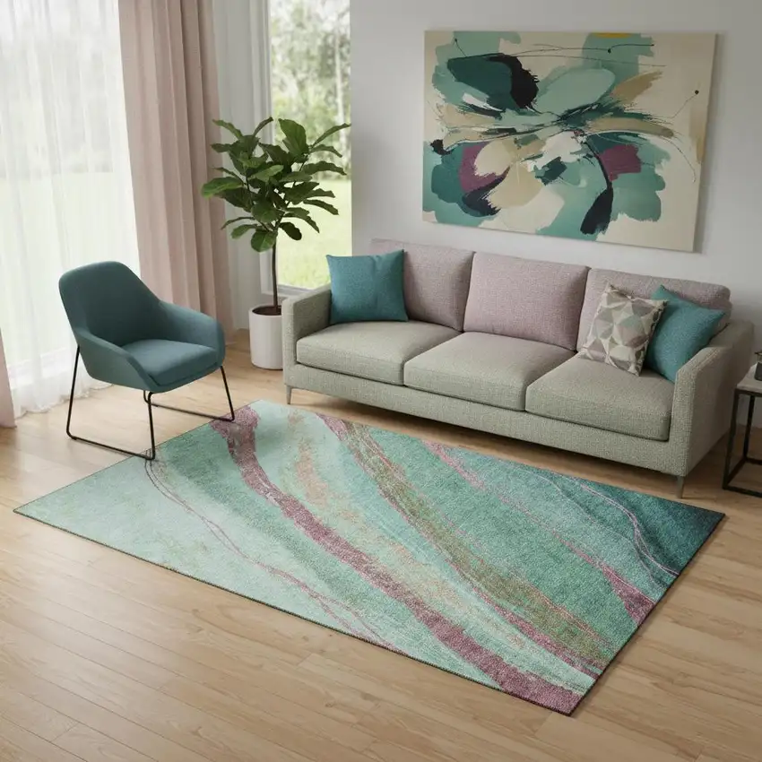 Green And Blush Abstract Washable Area Rug With UV Protection Photo 2