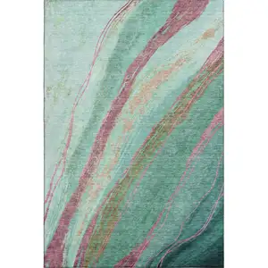 Photo of Green And Blush Abstract Washable Area Rug With UV Protection
